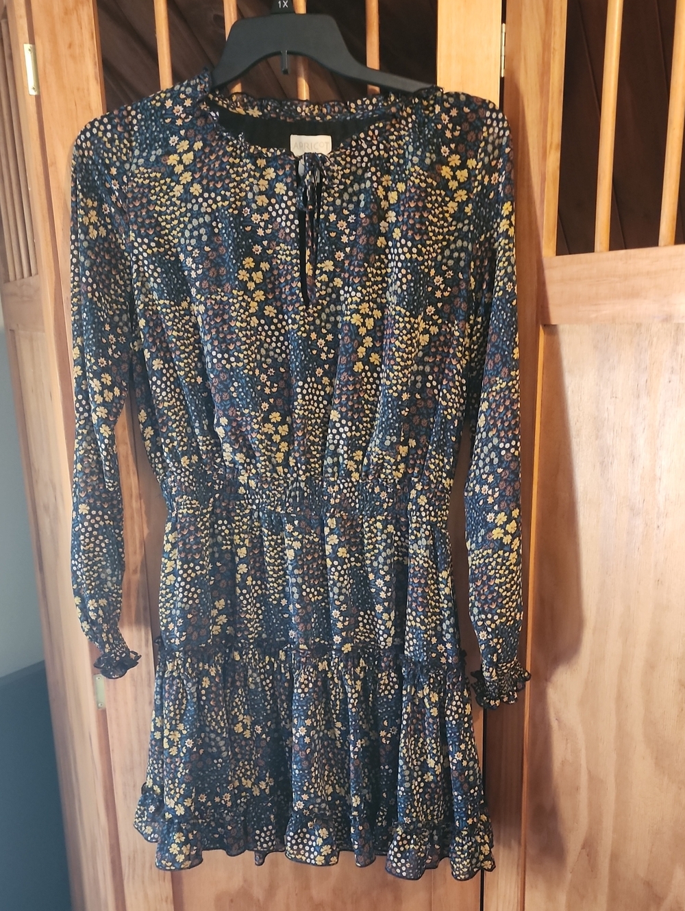 Apricot Black Floral Long-Sleeve Tiered Mini Dress